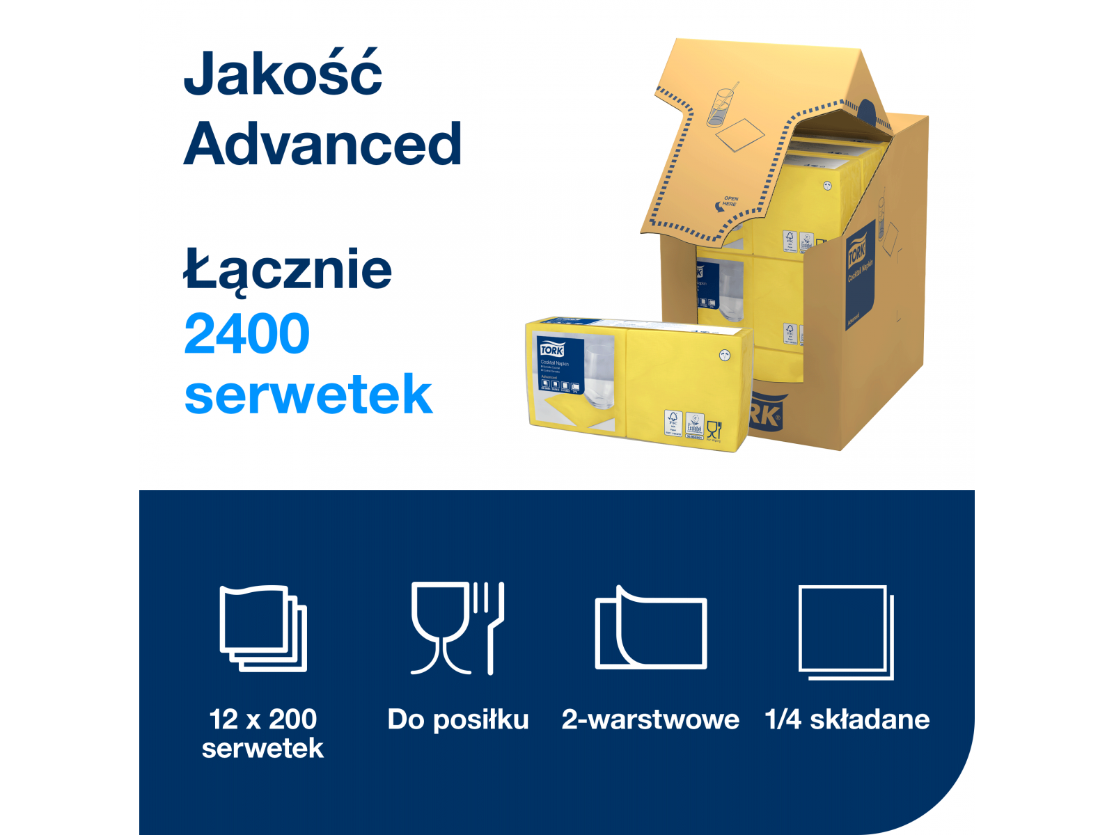 Serwetki Tork 24x24 477823 Ż&oacute;łta Karton 2400 serwetek (12 x 200) Składana 1/4